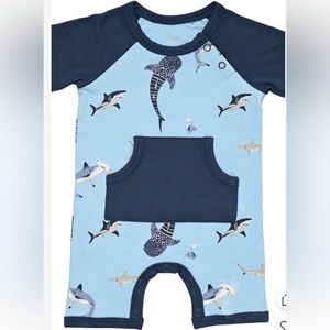 Kyte Baby Stream Shark Shortall snap romper. Bamboo. 3T.